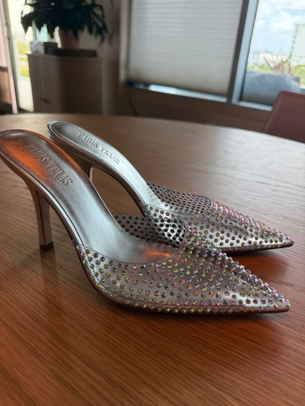 Paris Texas Silver Iridescent Crystal Pointed Mules